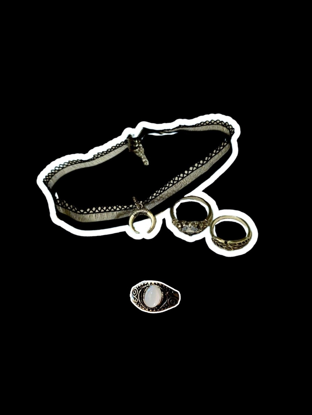 Crescent Charm Black Lace Choker Necklace + 3 Rings Witchy Goth Black Moon Leaf